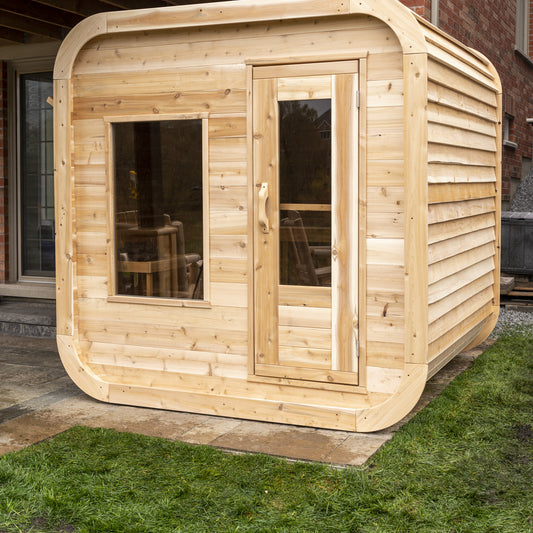 Canadian Timber Luna 4-person white cedar pod sauna, three-quarter exterior view