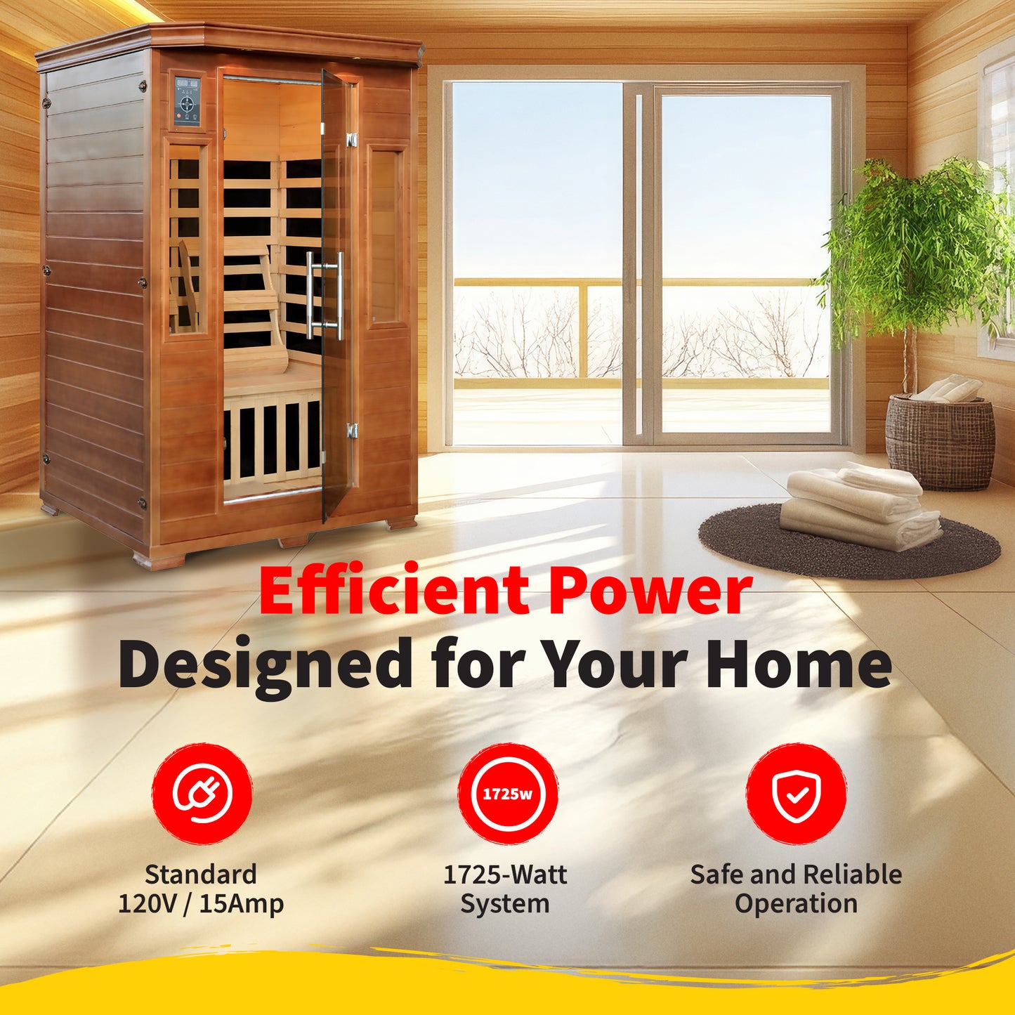 HeatWave 2-Person Hemlock Premium Sauna power graphic: standard 120V 15-amp plug-in, 1725-watt system, safe and reliable operation