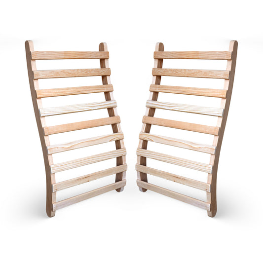 Front angled view of the HeatWave Universal Sauna Backrest set of two, showing the ergonomic curved hemlock slats on a white background