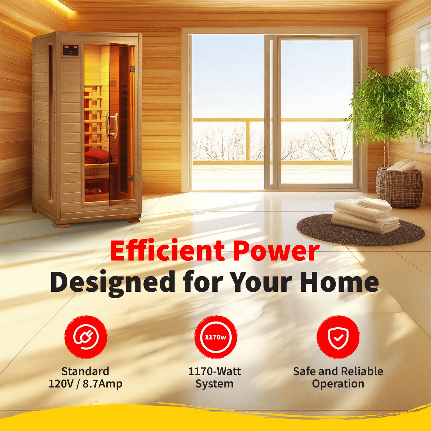 HeatWave Buena Vista 1-2 Person Hemlock Infrared Sauna in a bright home, runs on standard 120V, 1170-watt system for safe operation
