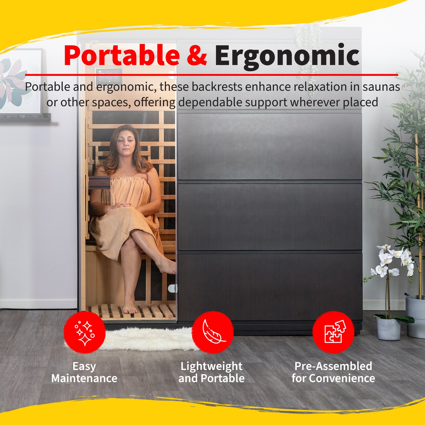 HeatWave Universal Sauna Backrest lifestyle infographic titled Portable and Ergonomic, showing a woman seated in a home infrared sauna cabin, with icons for easy maintenance, lightweight portability, and pre-assembled convenience