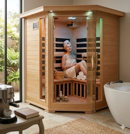 HeatWave Santa Fe 3-Person Hemlock Corner Infrared Sauna in a bright spa bathroom, woman relaxing inside wrapped in a towel with the glass corner door showing the lit interior