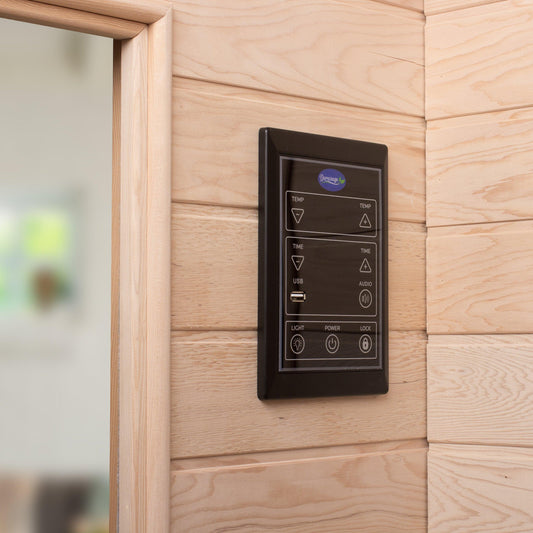Chromotherapy LED lighting glowing inside a two-person hemlock infrared sauna