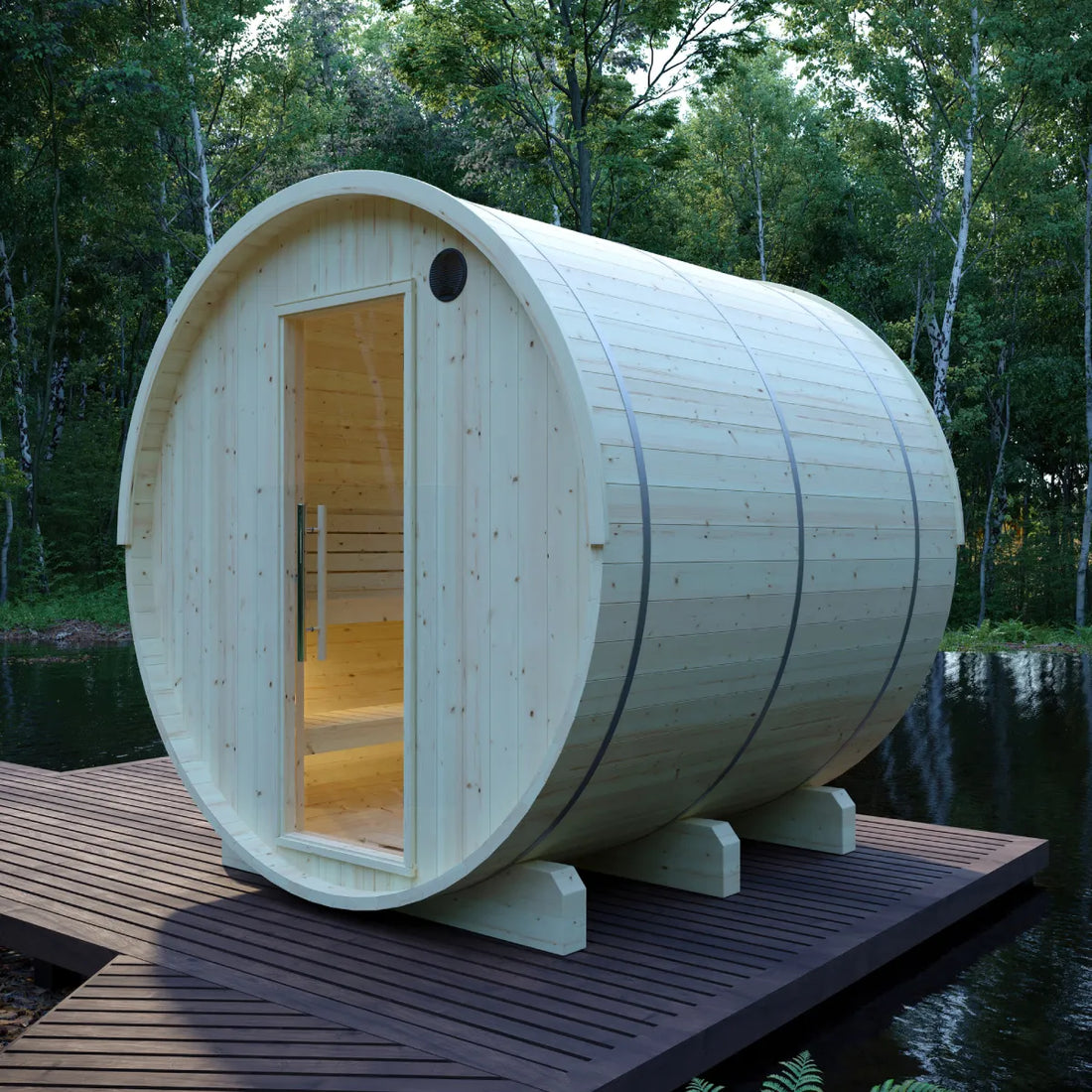 Finnish barrel sauna on a deck beside a forest lake at dusk, glass door open to a warmly lit cedar interior