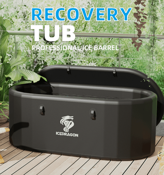 Cold plunge tub with water chiller set up outdoors on a wooden deck surrounded by greenery