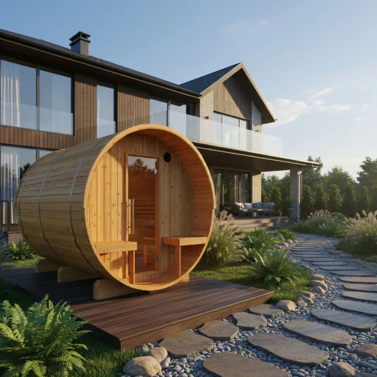 Luxury outdoor Turku Finnish Barrel Sauna on a premium home patio deck