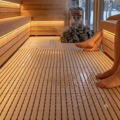 Durable beige PVC non-slip floor matting installed inside a Finnish wooden sauna.