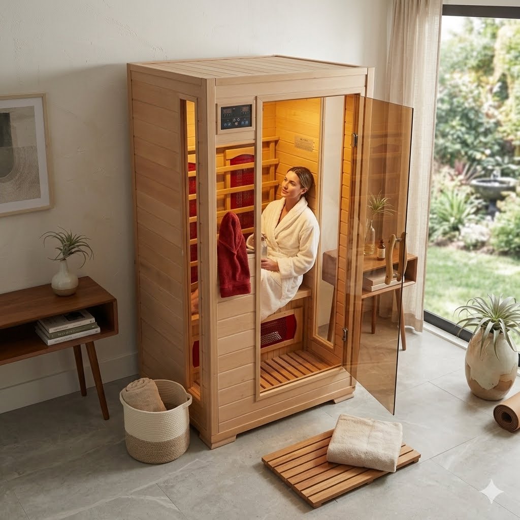 Woman in a white robe relaxing inside the Buena Vista 1-2 person hemlock infrared sauna in a bright room with a garden view, wooden bath mat, and towel basket
