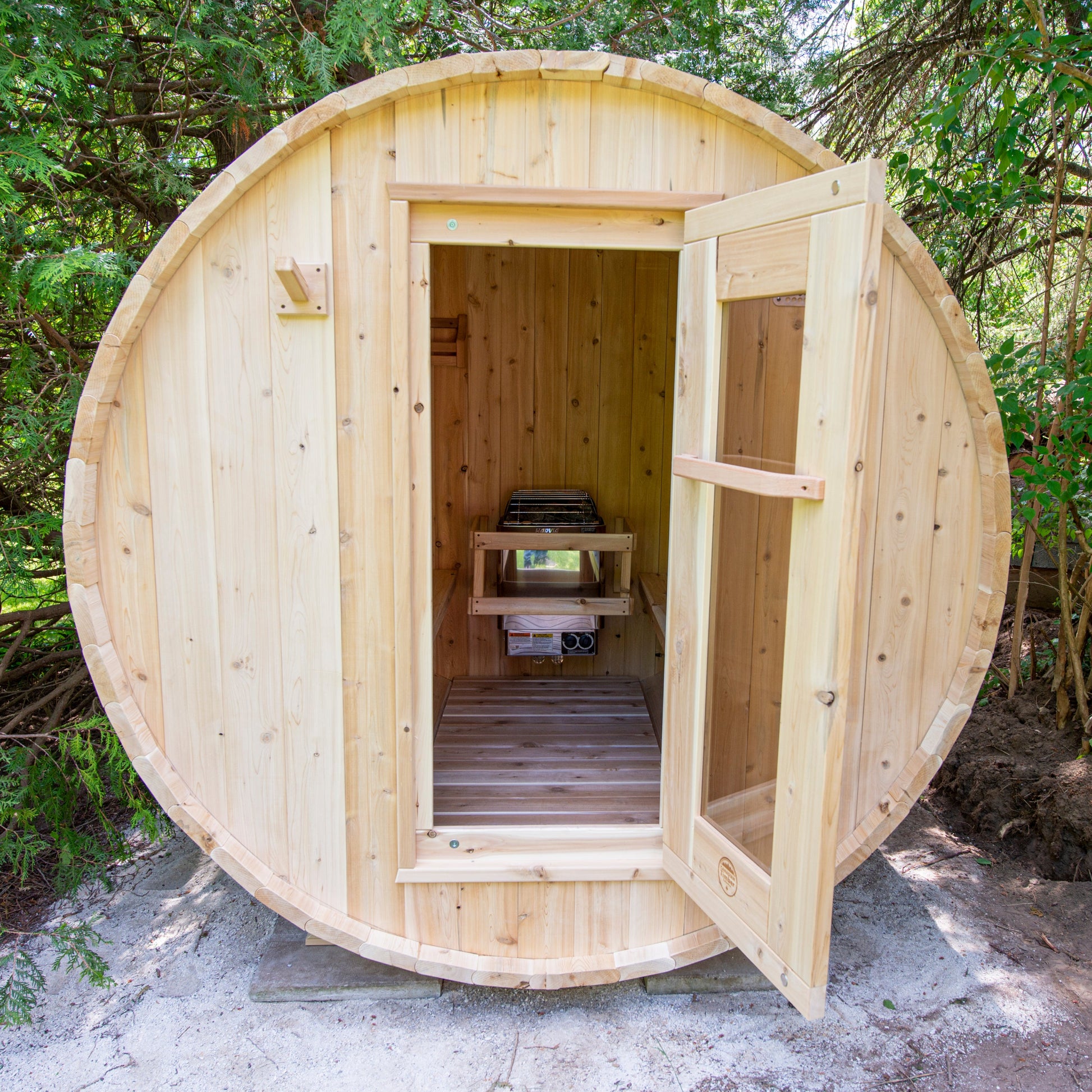 Canadian Timber Harmony 4-person white cedar barrel sauna, exterior view