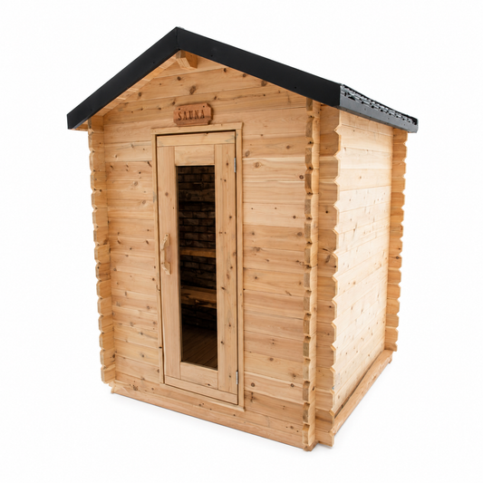 Canadian Timber Granby 3-person white cedar cabin sauna, front view on a white background