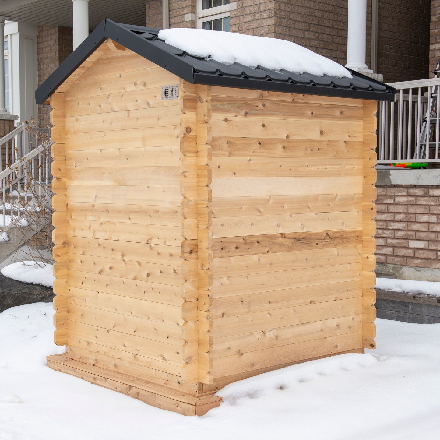 Canadian Timber Granby 3-person white cedar cabin sauna, exterior view