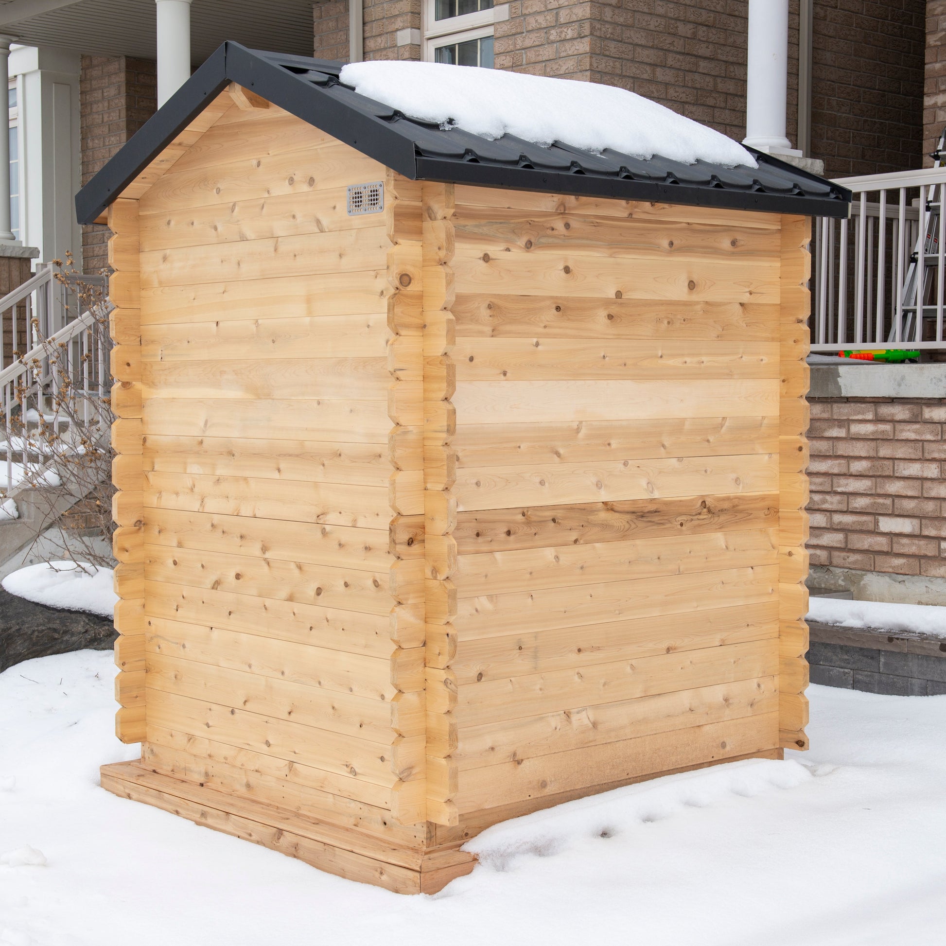 Canadian Timber Granby 3-person white cedar cabin sauna, exterior view