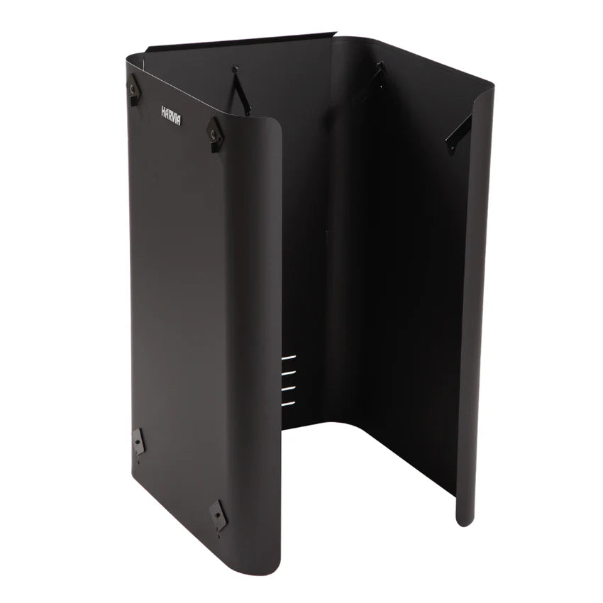 Black metal sauna heater protective sheath on a white background
