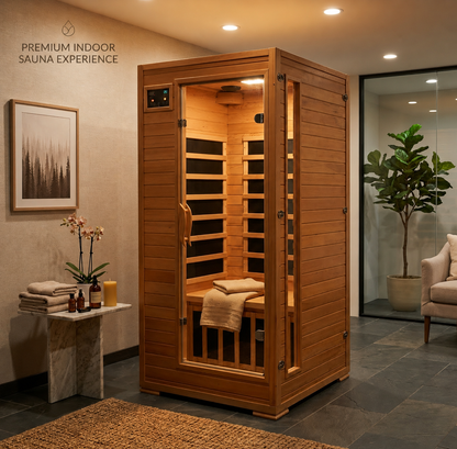 HeatWave Buena Vista 1-2 Person Hemlock Infrared Sauna in a styled home room, interior carbon heaters and bench visible through glass door