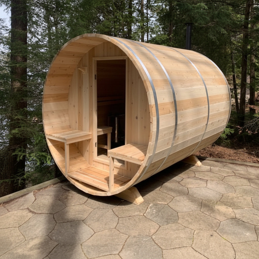 Canadian Timber Serenity 5-person white cedar barrel sauna, installed outdoors