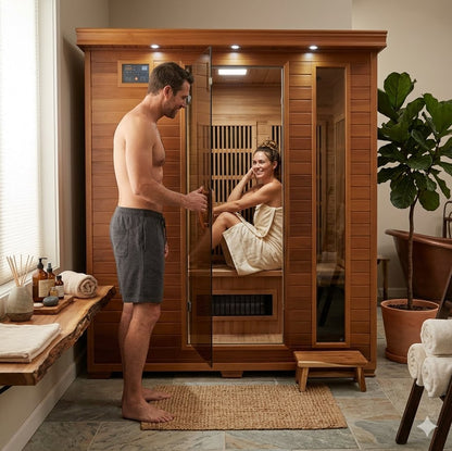 HeatWave Klondike 4-Person Cedar Infrared Sauna in a spa-styled room, woman seated inside wrapped in a towel while a man stands at the open glass door