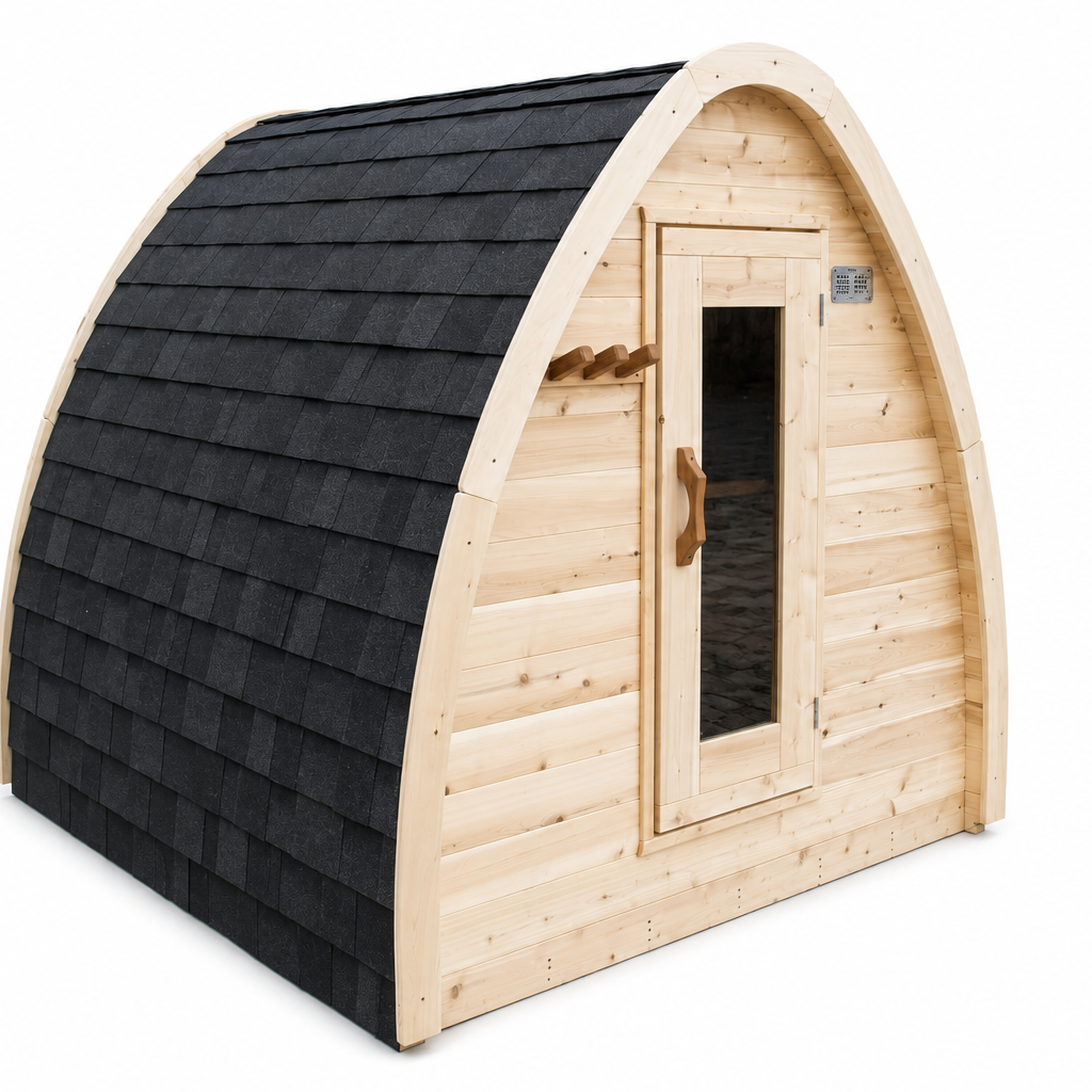 Canadian Timber Mini POD 4-person white cedar pod sauna, front view on a white background