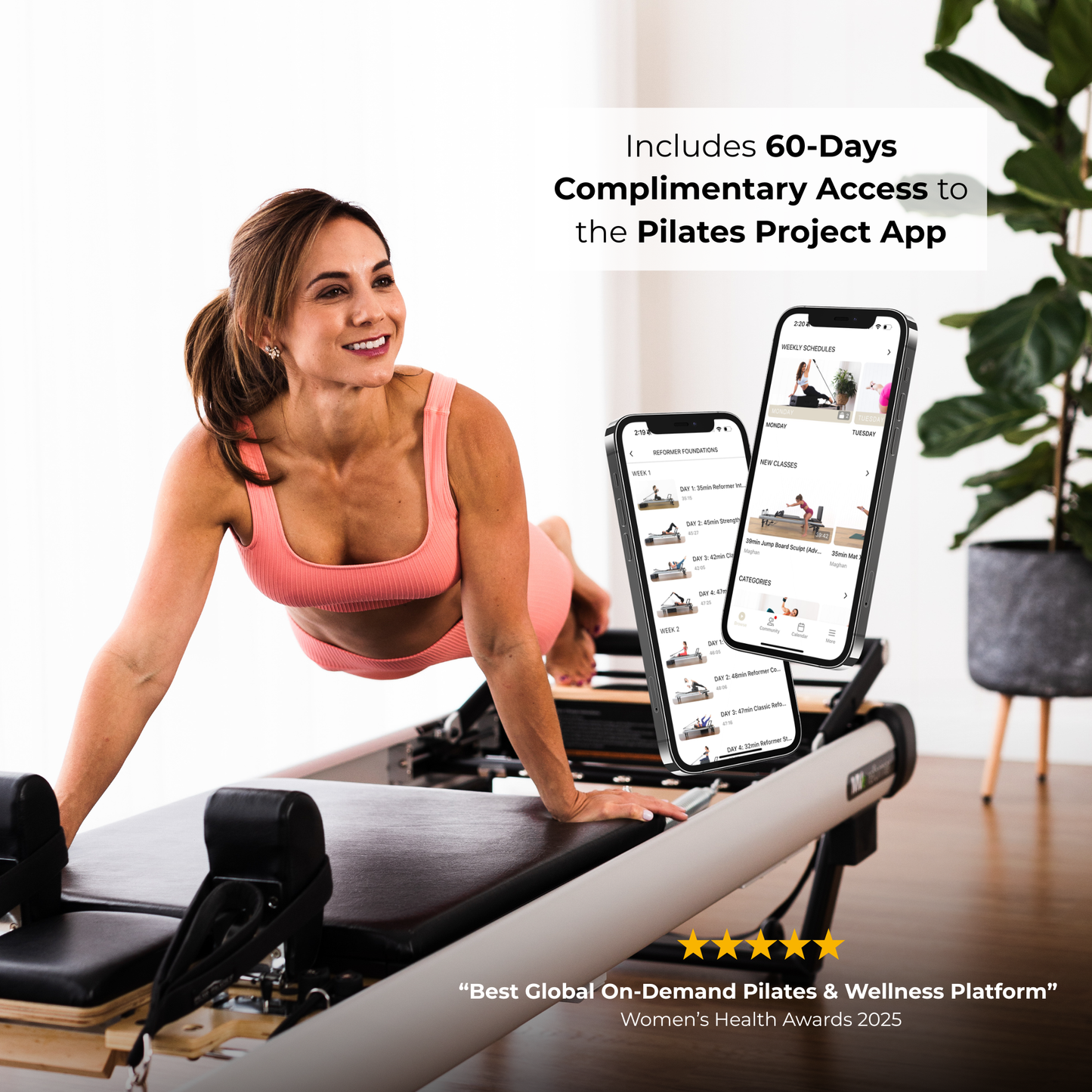 Peak Pilates casa Reformer with Long/Short Box, woman exercising on the reformer beside a phone showing Pilates Project app classes
