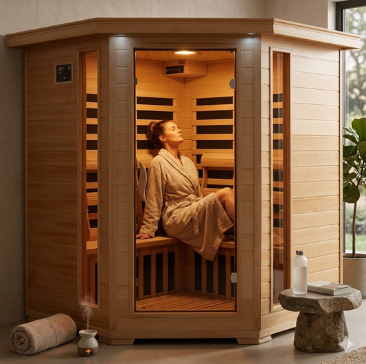 Woman in a robe relaxing inside the Tucson 4-person hemlock corner infrared sauna, with towel, aromatherapy diffuser, and water bottle nearby