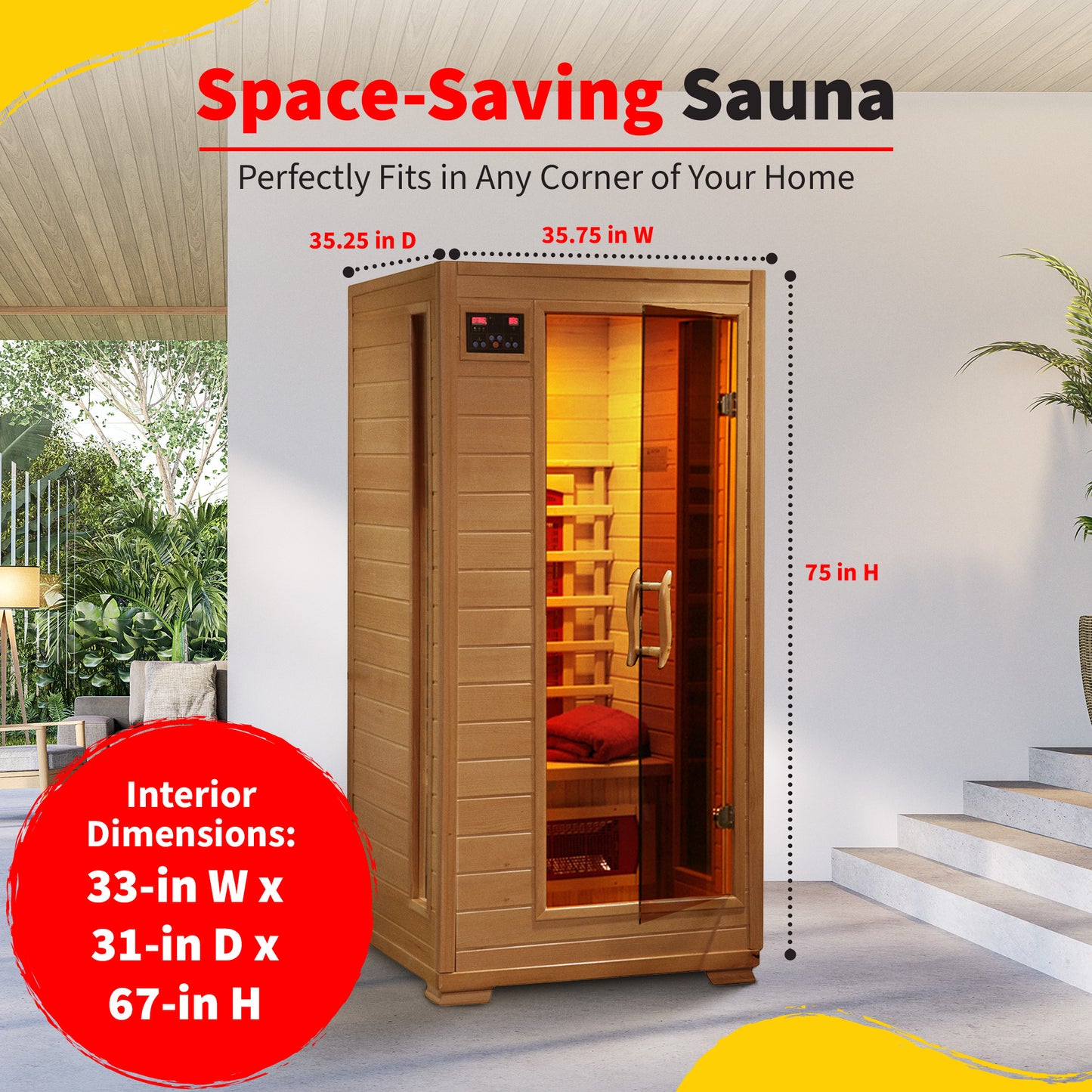 HeatWave Buena Vista 1-2 Person Hemlock Infrared Sauna dimensions: 35.75 in W x 35.25 in D x 75 in H exterior, fits a home corner