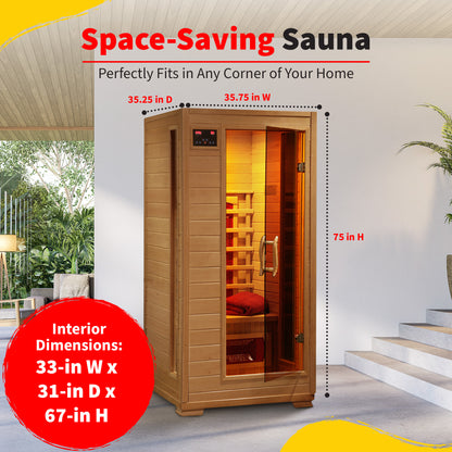 HeatWave Buena Vista 1-2 Person Hemlock Infrared Sauna dimensions: 35.75 in W x 35.25 in D x 75 in H exterior, fits a home corner