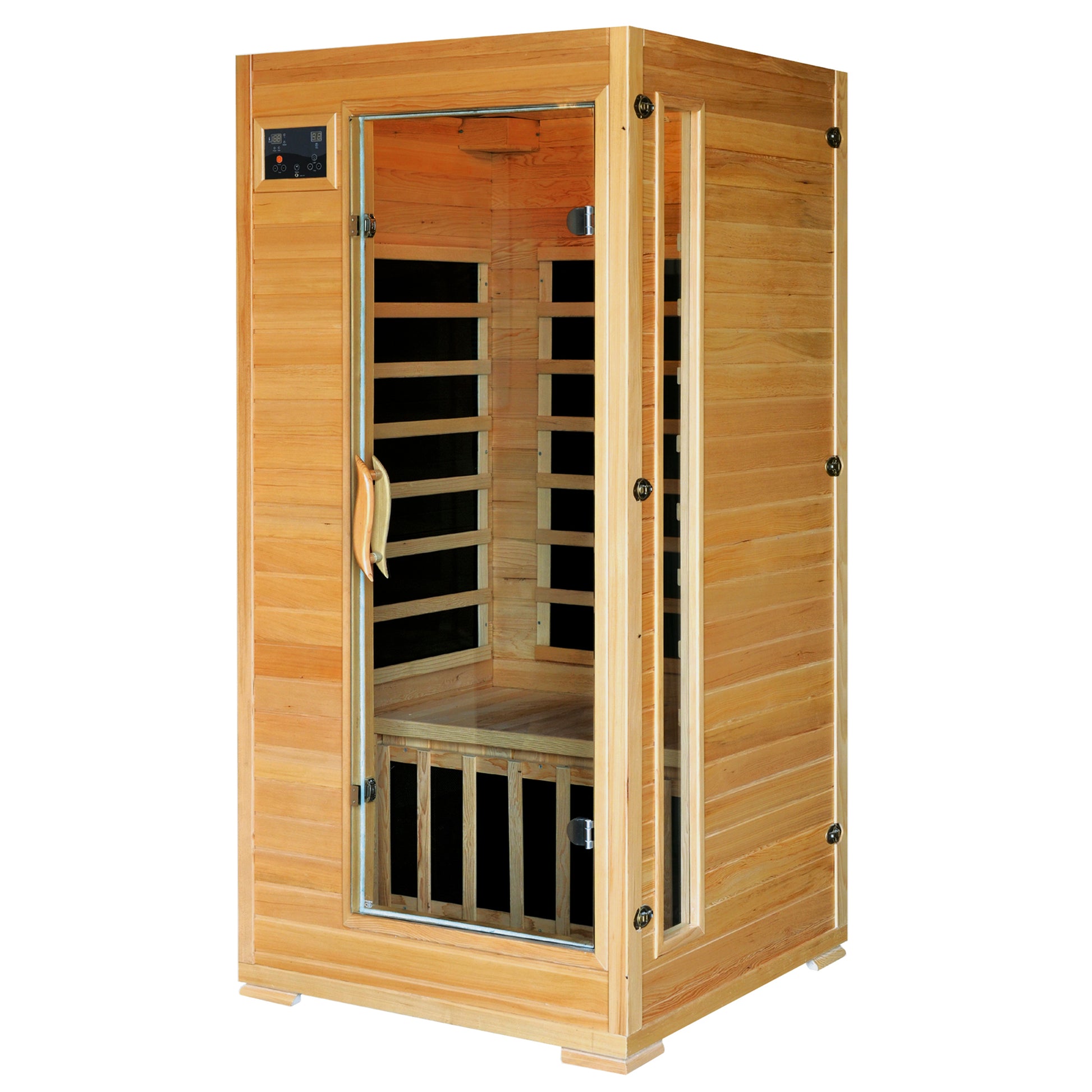 HeatWave Buena Vista 1-2 Person Hemlock Infrared Sauna, front view with glass door and interior carbon heaters visible