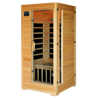 HeatWave Buena Vista 1-2 Person Hemlock Infrared Sauna, front view with glass door and interior carbon heaters visible