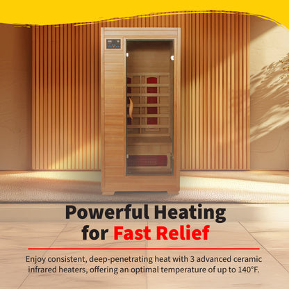 HeatWave Buena Vista 1-2 Person Hemlock Infrared Sauna with 3 ceramic heaters delivering deep-penetrating heat up to 140°F