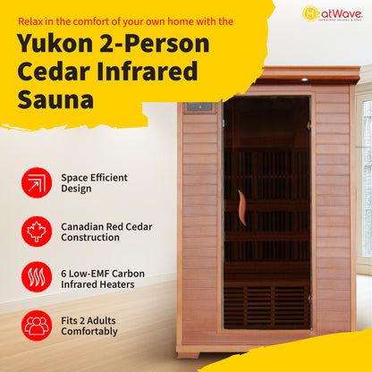 HeatWave Yukon 2-Person Cedar Infrared Sauna feature graphic: space efficient design, Canadian red cedar, 6 low-EMF carbon heaters, fits 2 adults