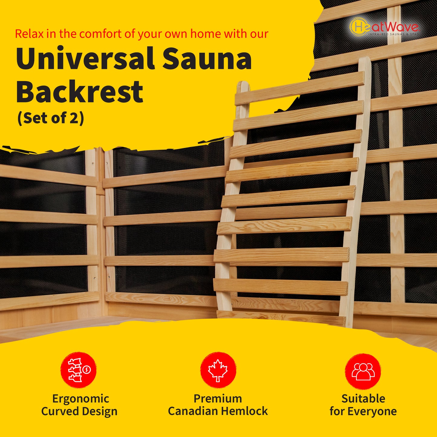 HeatWave Universal Sauna Backrest infographic showing the set of two mounted inside an infrared sauna, highlighting its ergonomic curved design, premium Canadian hemlock wood, and universal fit