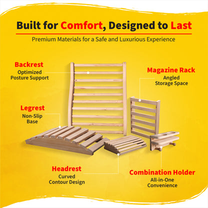 HeatWave Deluxe Sauna Accessory Kit features infographic titled Built for Comfort, Designed to Last, labeling its five pieces: the posture-support backrest, angled magazine rack, non-slip legrest, curved headrest, and all-in-one combination holder