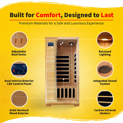 HeatWave Buena Vista 1-2 Person Hemlock Infrared Sauna features: roof vents, LED control panel, recessed lighting, sound system, carbon heaters