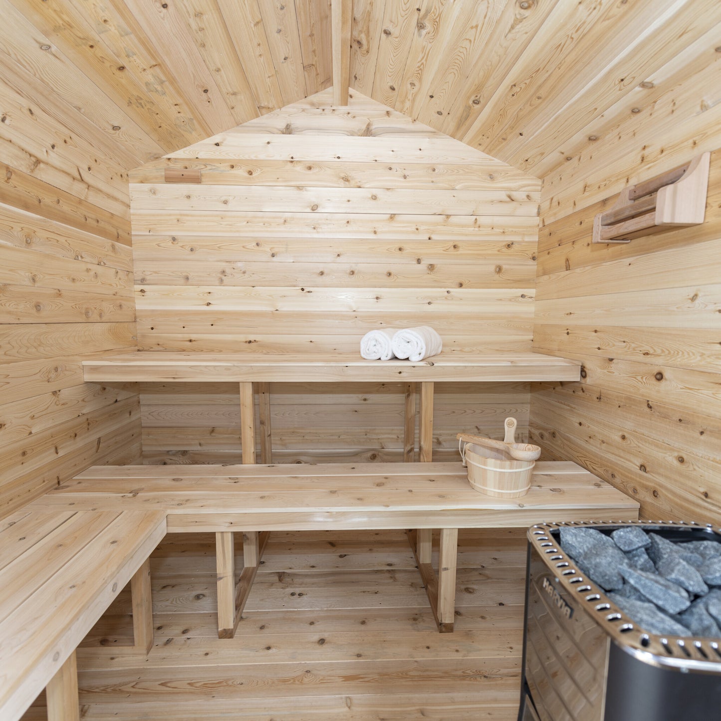 Canadian Timber Georgian 6-person white cedar cabin sauna, interior cedar benches