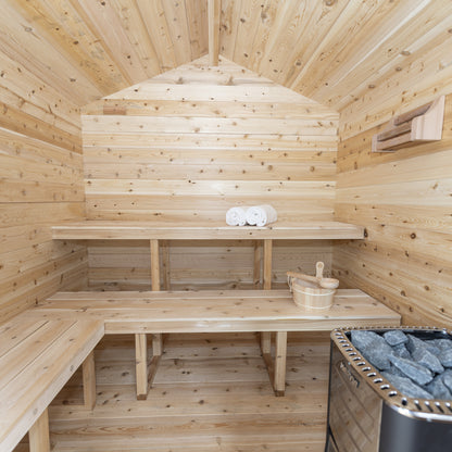 Canadian Timber Georgian 6-person white cedar cabin sauna, interior cedar benches