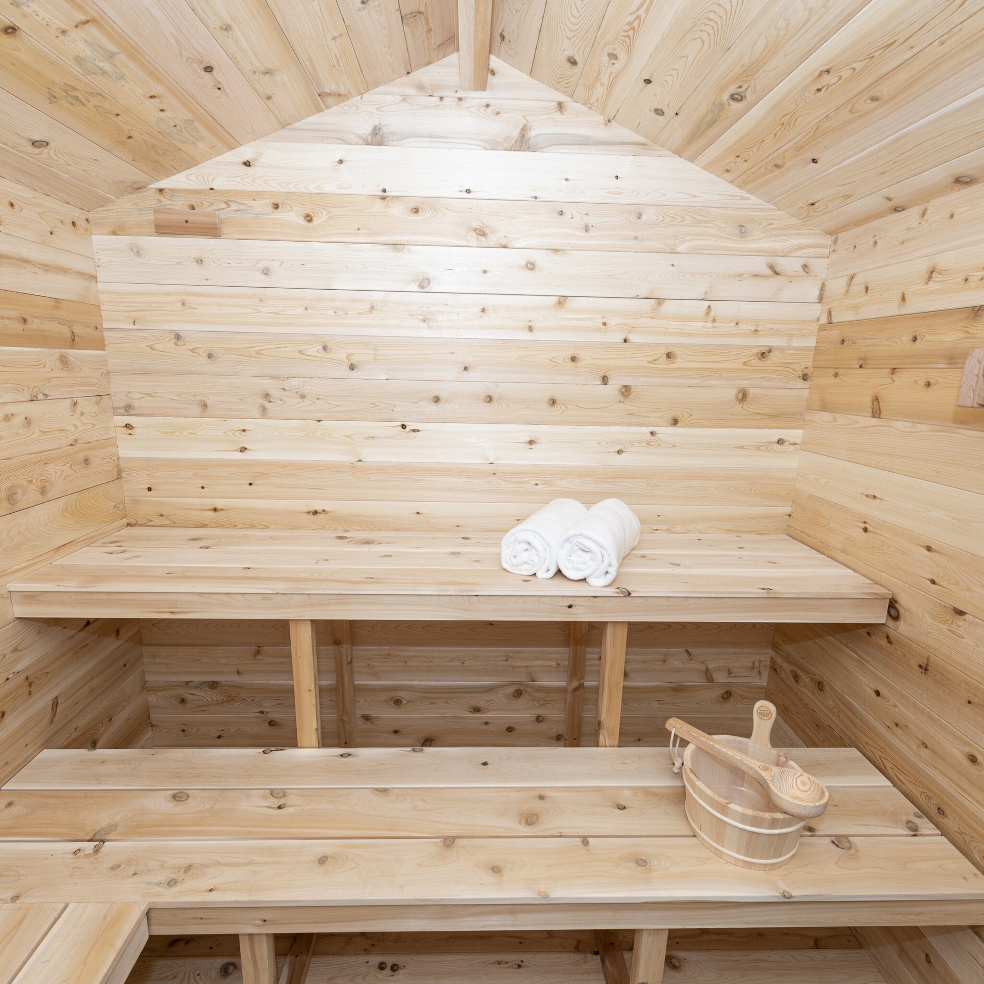 Canadian Timber Georgian 6-person white cedar cabin sauna, wide interior view