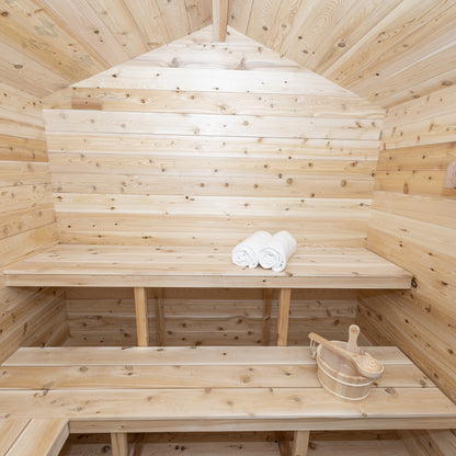 Canadian Timber Georgian 6-person white cedar cabin sauna, wide interior view