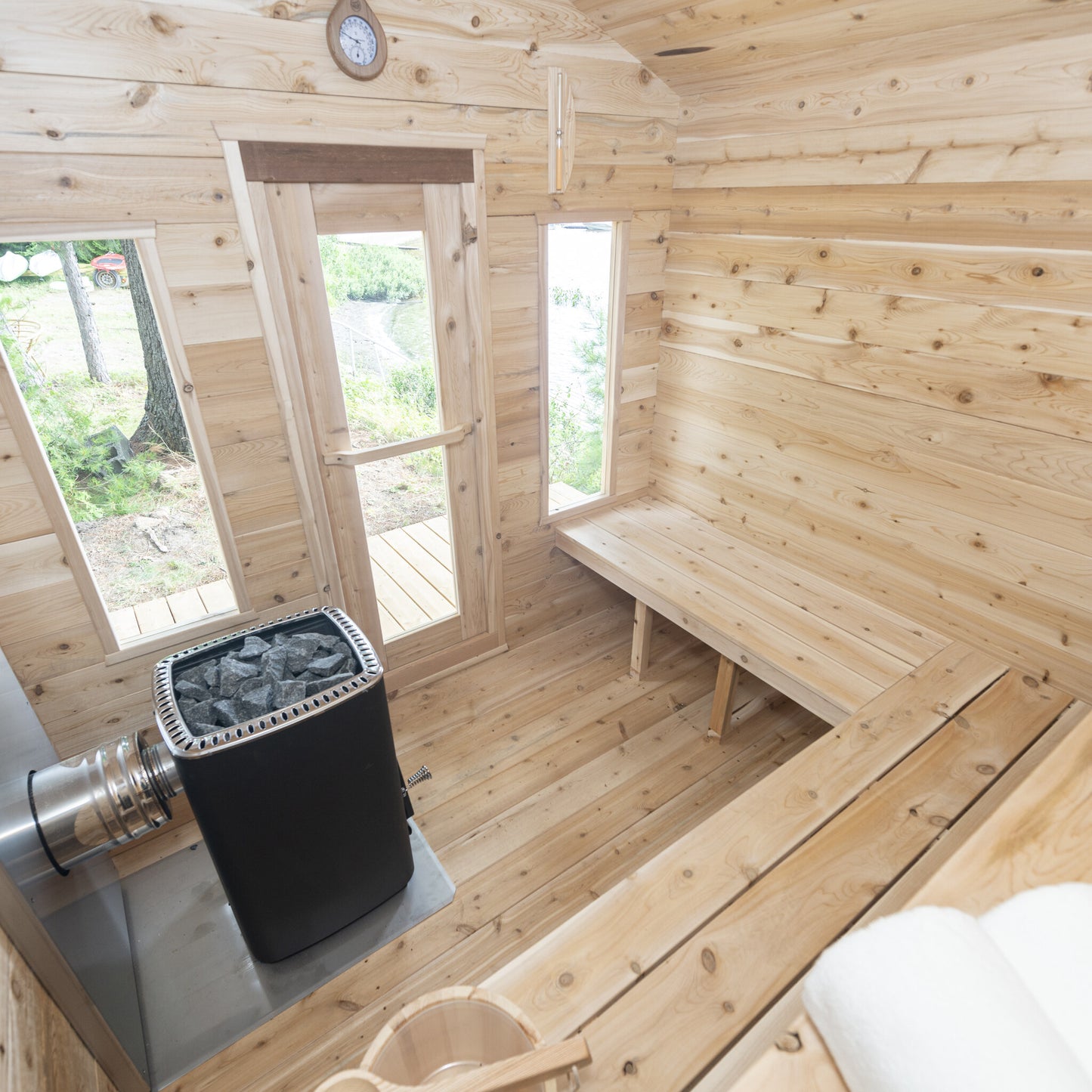 Canadian Timber Georgian 6-person white cedar cabin sauna, interior window
