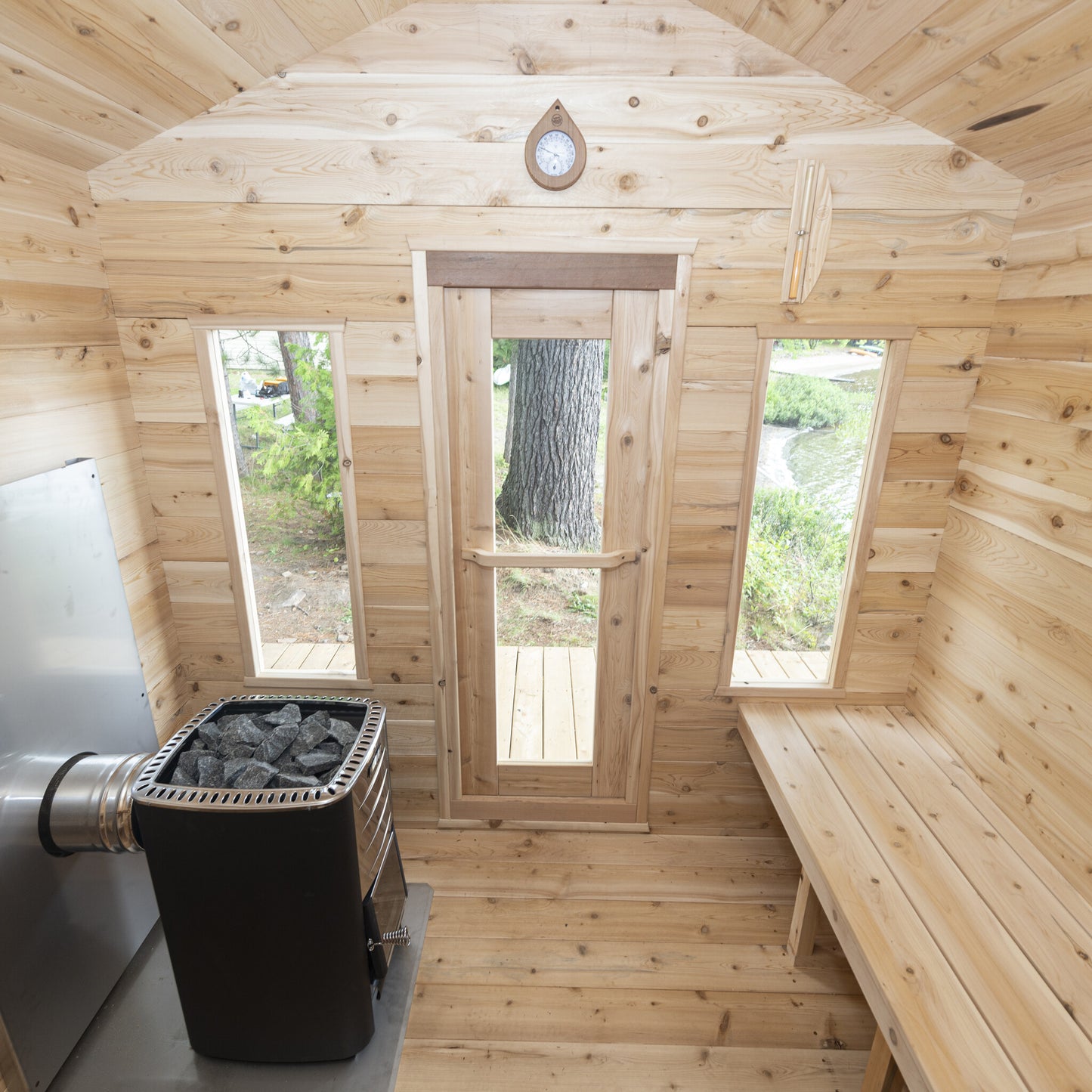 Canadian Timber Georgian 6-person white cedar cabin sauna, interior upper bench