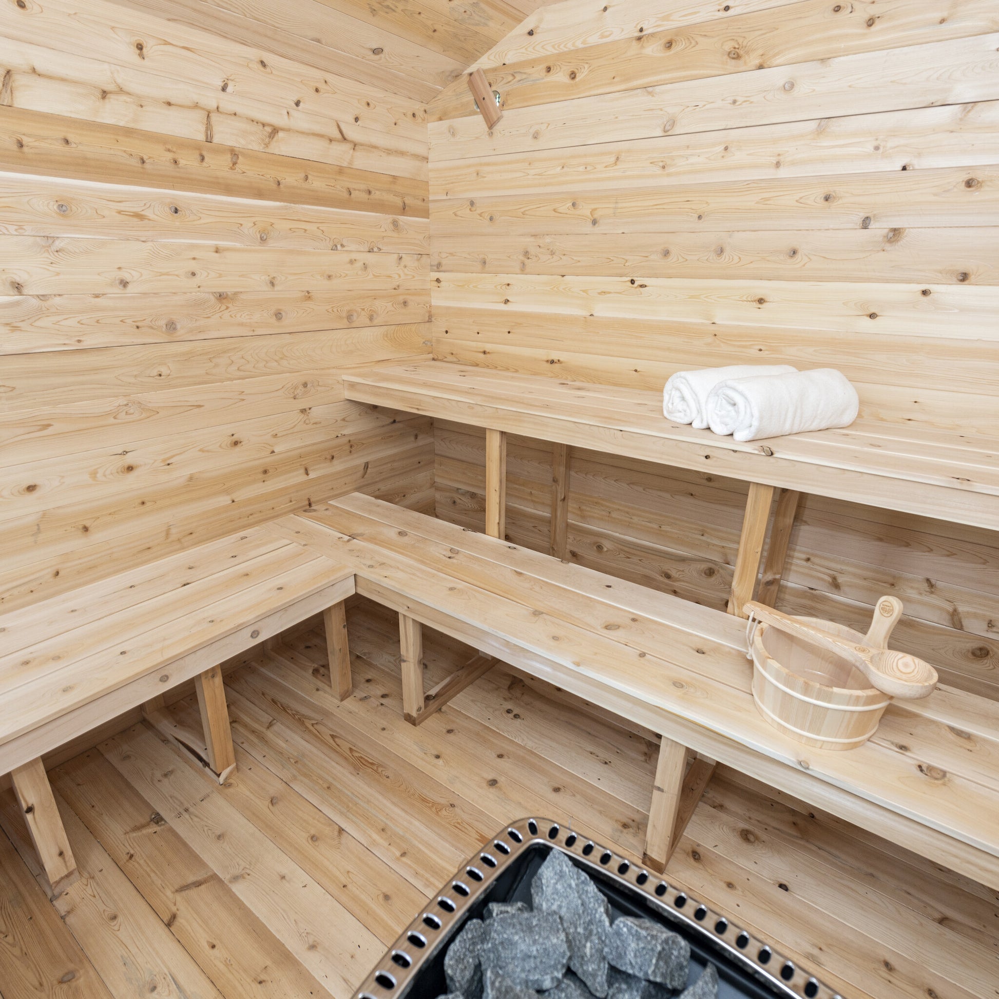 Canadian Timber Georgian 6-person white cedar cabin sauna, interior bench detail