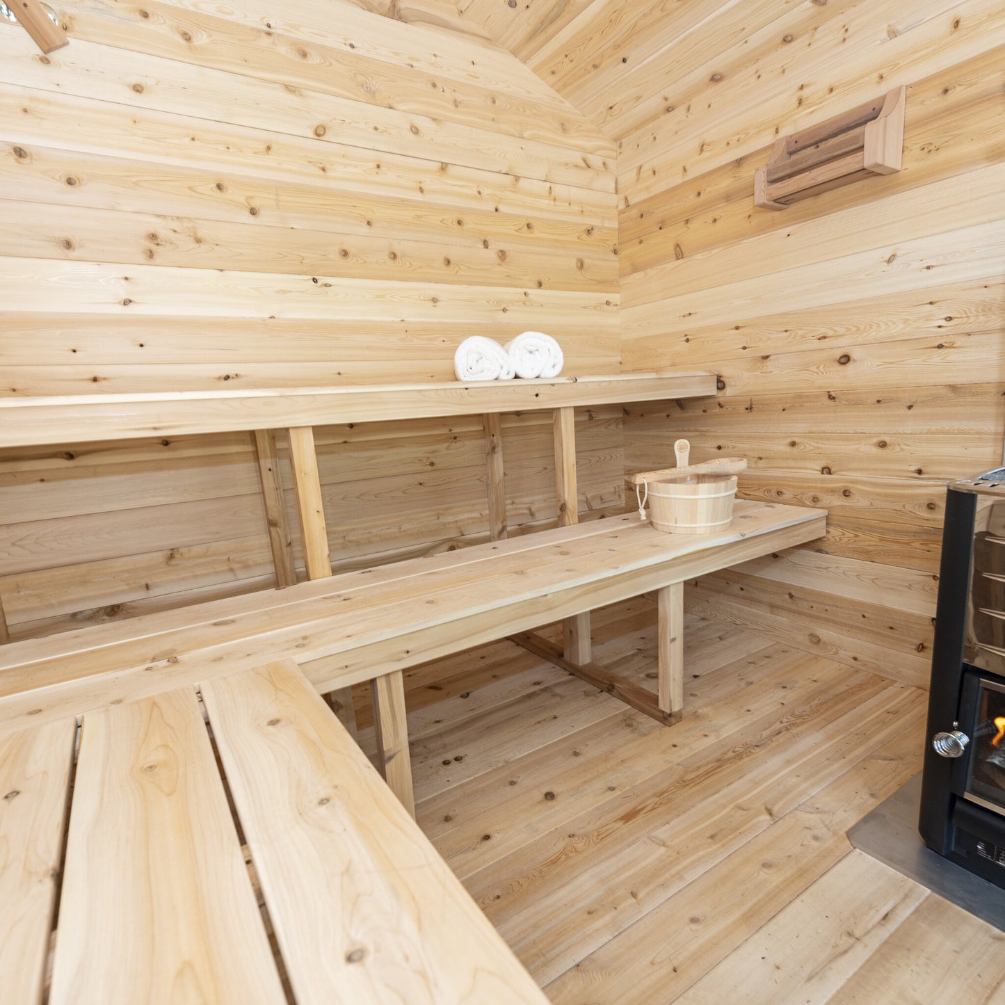 Canadian Timber Georgian 6-person white cedar cabin sauna, interior cedar detail