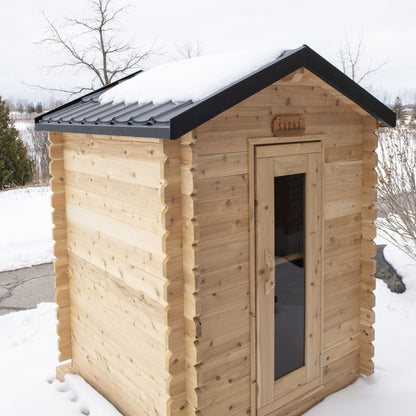 Canadian Timber Granby 3-person white cedar cabin sauna, side exterior view