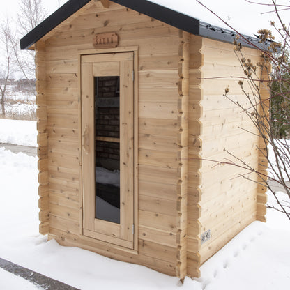 Canadian Timber Granby 3-person white cedar cabin sauna, rear exterior view