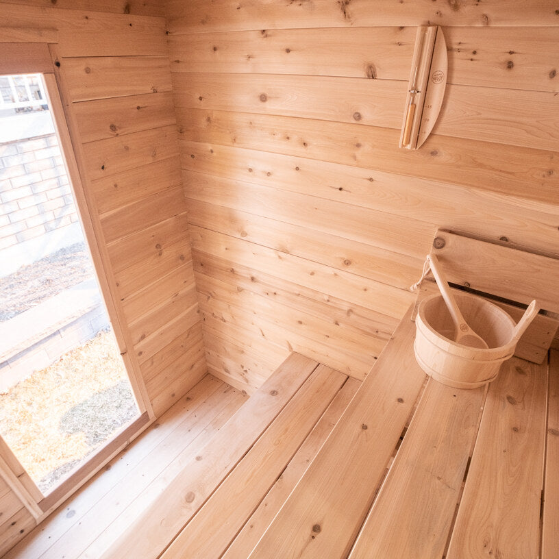 Canadian Timber Granby 3-person white cedar cabin sauna, interior bench detail