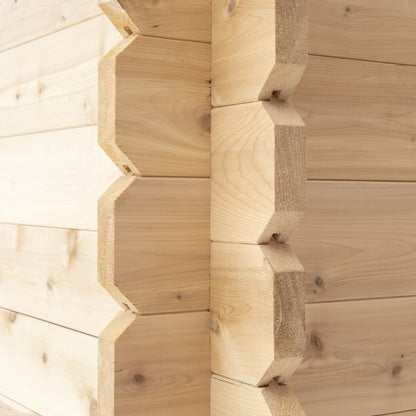 Canadian Timber Granby 3-person white cedar cabin sauna, corner joint detail