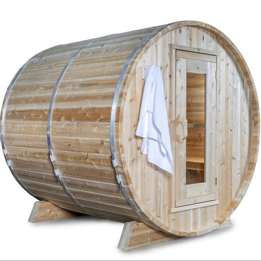 Canadian Timber Harmony 4-person white cedar barrel sauna, three-quarter view with a towel, on a white background