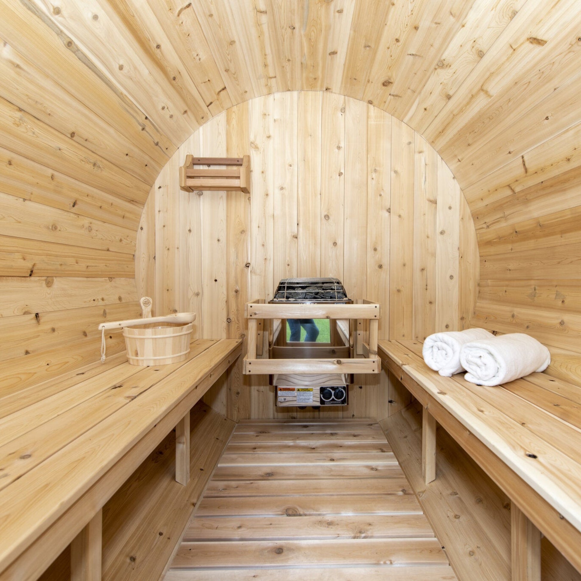 Canadian Timber Harmony 4-person white cedar barrel sauna, interior cedar benches
