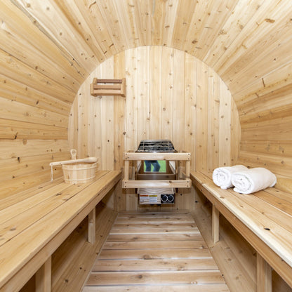 Canadian Timber Harmony 4-person white cedar barrel sauna, interior cedar benches