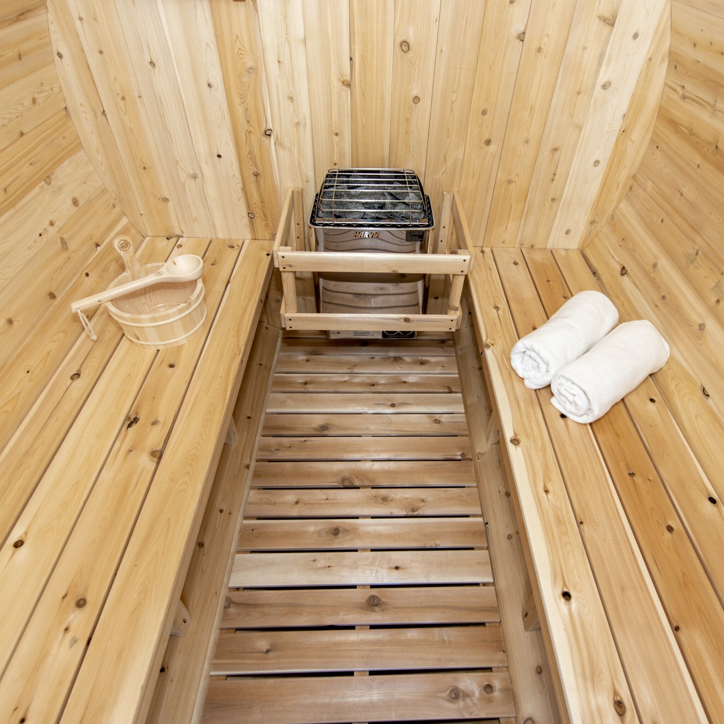 Canadian Timber Harmony 4-person white cedar barrel sauna, interior cedar walls