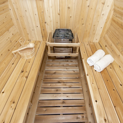 Canadian Timber Harmony 4-person white cedar barrel sauna, interior cedar walls