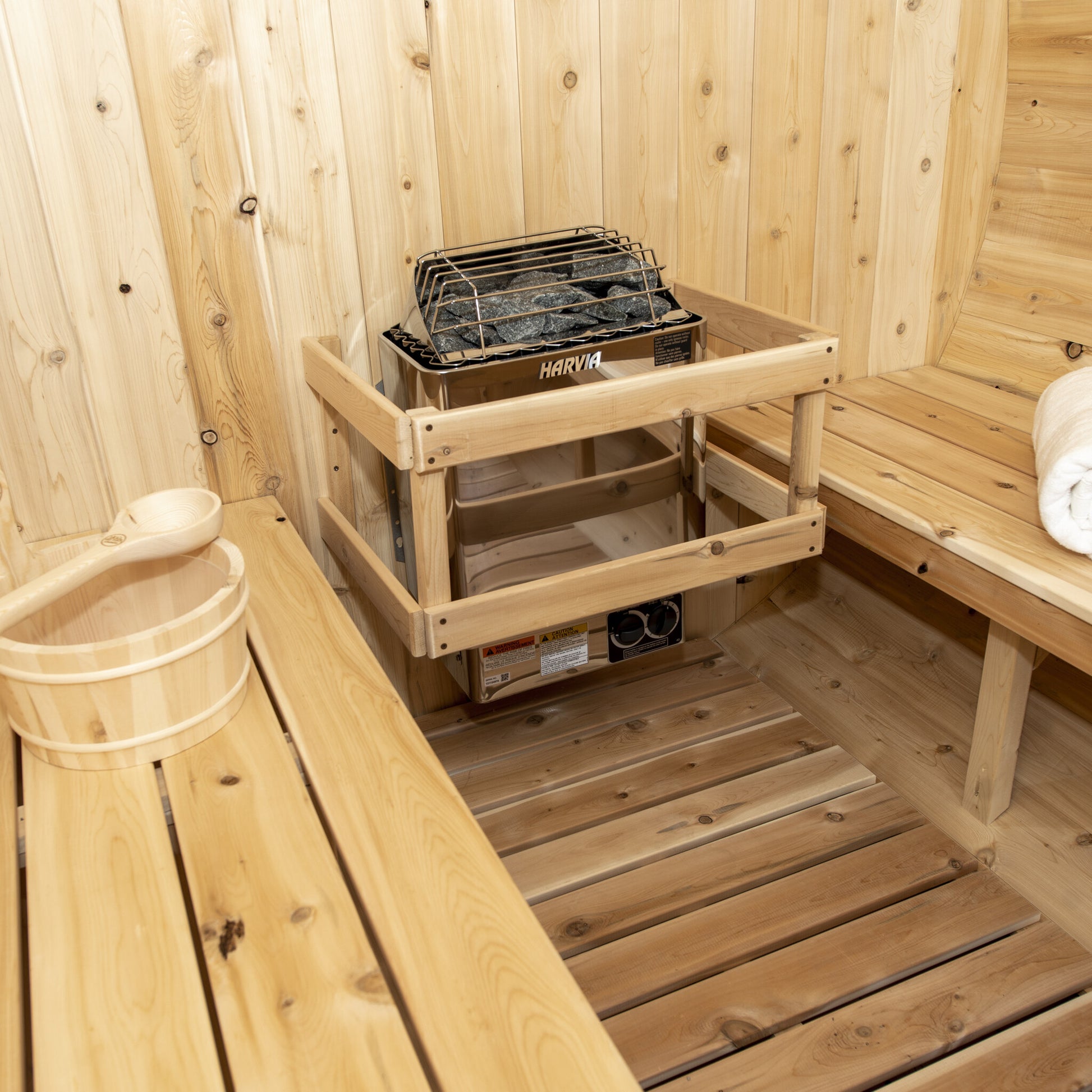 Canadian Timber Harmony 4-person white cedar barrel sauna, interior bench detail